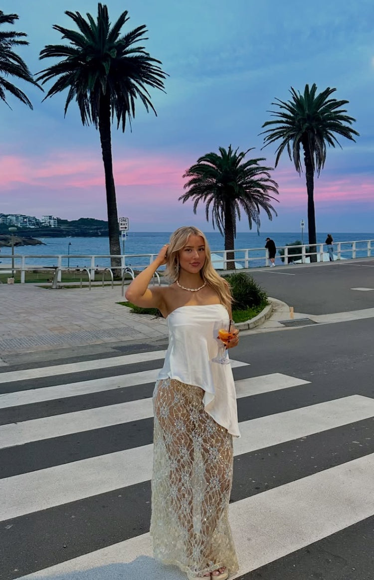 Sabella White and Blue Sequin Lace Maxi Skirt