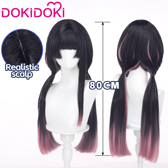 DokiDoki Game Wuthering Waves Cosplay Chisa Wig Long Straight Black Hair Black Pink Gradient Hair Peach Parfait Swimsuit