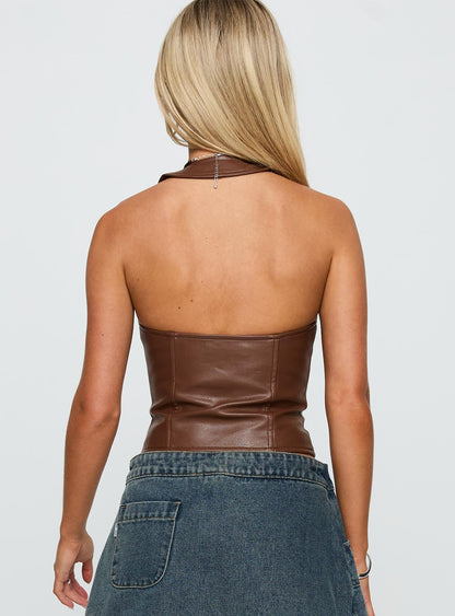 Light On Tie Up Faux Leather Top Chocolate