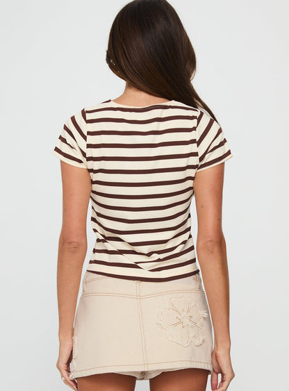 Marvella Button Up Top Beige / Brown Stripe