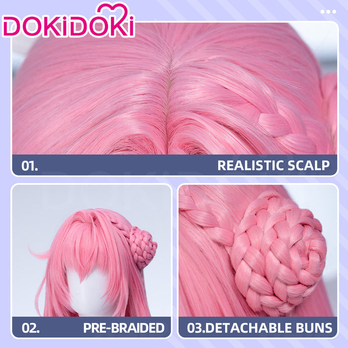 DokiDoki Game Cosplay Wig Long Curly Pink Hair Detachable Bun