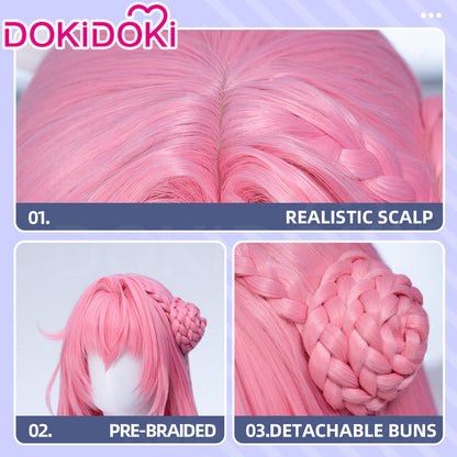 DokiDoki Game Cosplay Wig Long Curly Pink Hair Detachable Bun