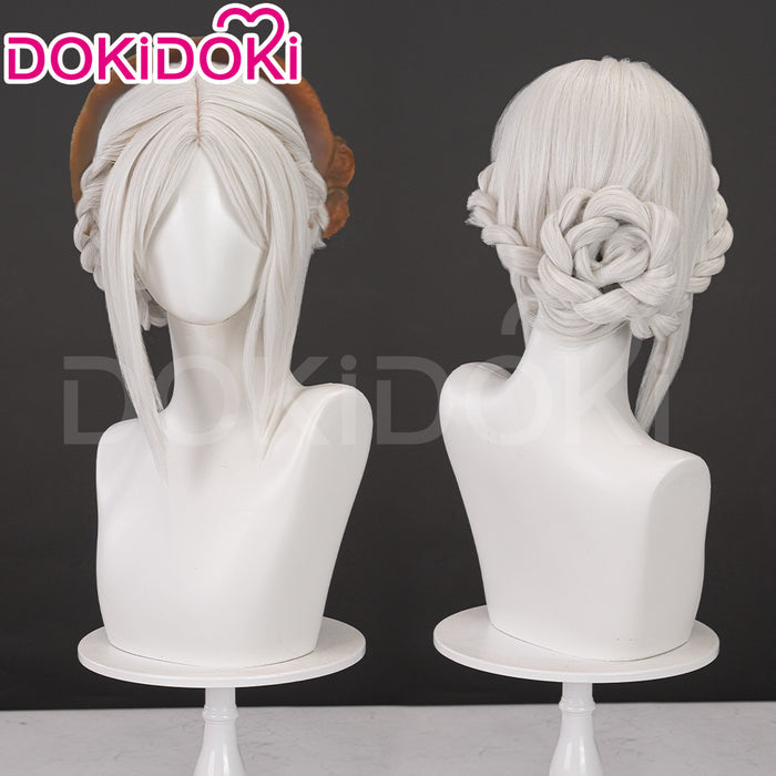DokiDoki Game Cosplay Wig Long Straight Silver Hair Easy Twisty Bun