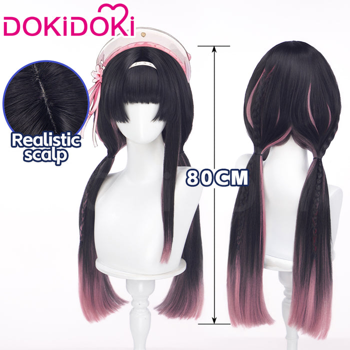 DokiDoki Game Wuthering Waves Cosplay Chisa Wig Long Straight Black Hair Black Pink Gradient Hair Peach Parfait Swimsuit