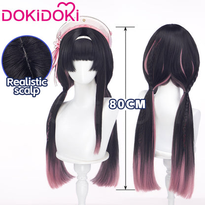 DokiDoki Game Wuthering Waves Cosplay Chisa Wig Long Straight Black Hair Black Pink Gradient Hair Peach Parfait Swimsuit