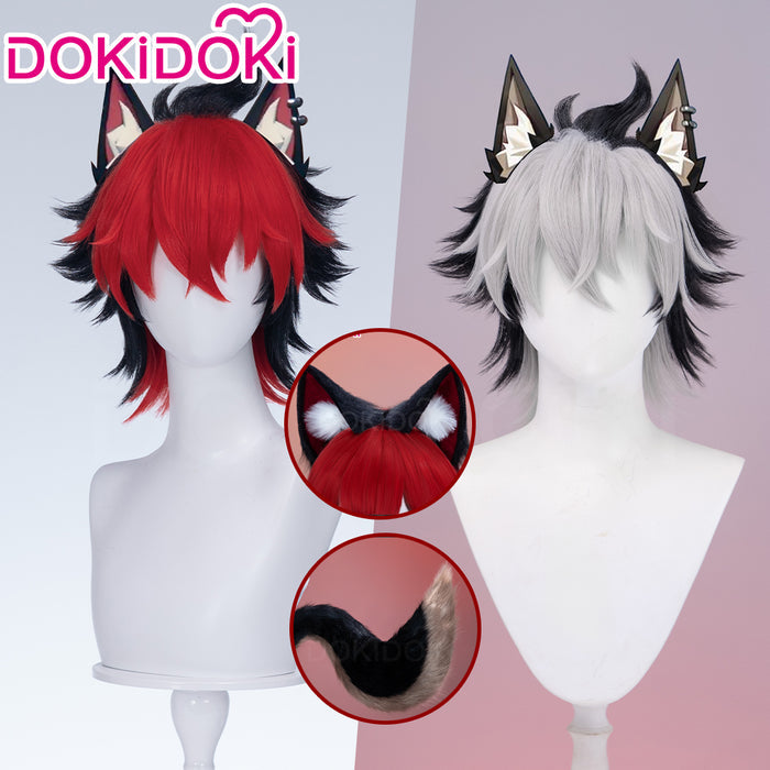 【Partial Ready For Ship】DokiDoki Game Zenless Zone Zero Cosplay Komano Manato Wig / Ears / Tail Short Curly Black Red Silver Hair ZZZ