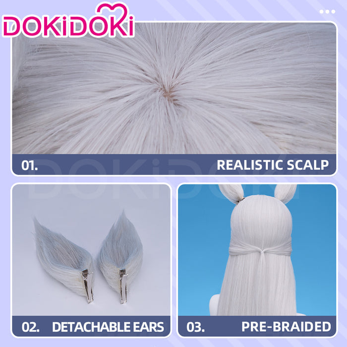 【Ready For Ship】DokiDoki Game Cosplay Wig Long Straight Silver Hair Detachable Ears