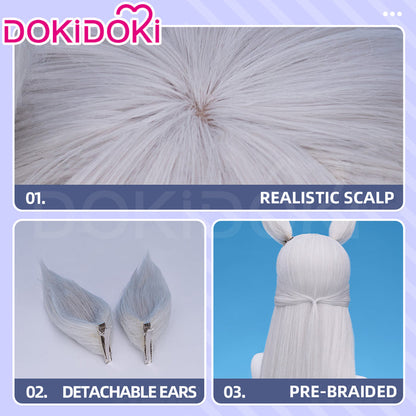 【Ready For Ship】DokiDoki Game Cosplay Wig Long Straight Silver Hair Detachable Ears