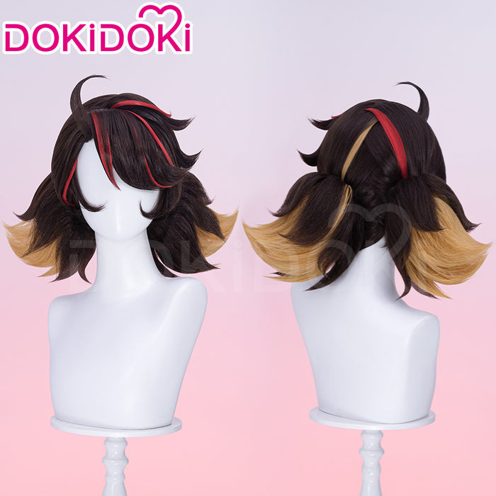 【Ready For Ship】Dokidoki Game Cosplay Woman Wig Short Curly Black Hair Light Brown Red Highlights