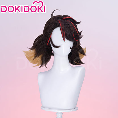 【Ready For Ship】Dokidoki Game Cosplay Woman Wig Short Curly Black Hair Light Brown Red Highlights