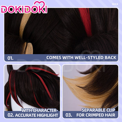 【Ready For Ship】Dokidoki Game Cosplay Woman Wig Short Curly Black Hair Light Brown Red Highlights
