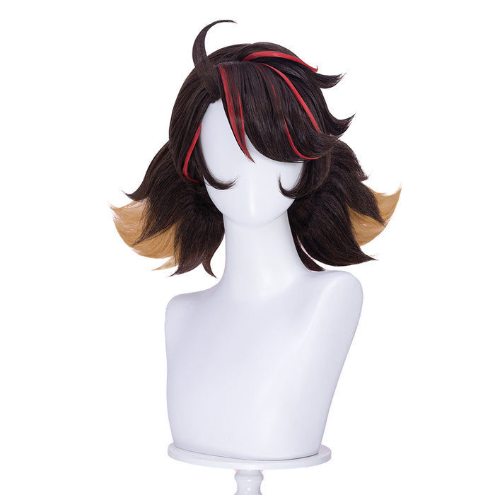 【Ready For Ship】Dokidoki Game Cosplay Woman Wig Short Curly Black Hair Light Brown Red Highlights