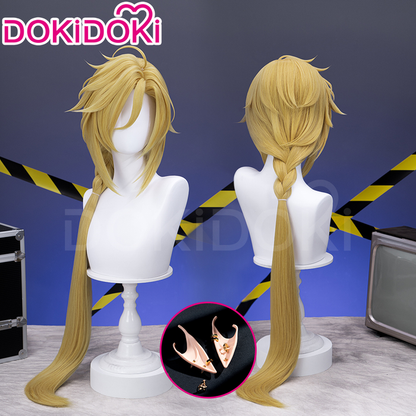 【Ready For Ship】DokiDoki Game Zenless Zone Zero Cosplay Hugo Cosplay Wig / Earrings Long Straight Blond Hair Ponytail ZZZ