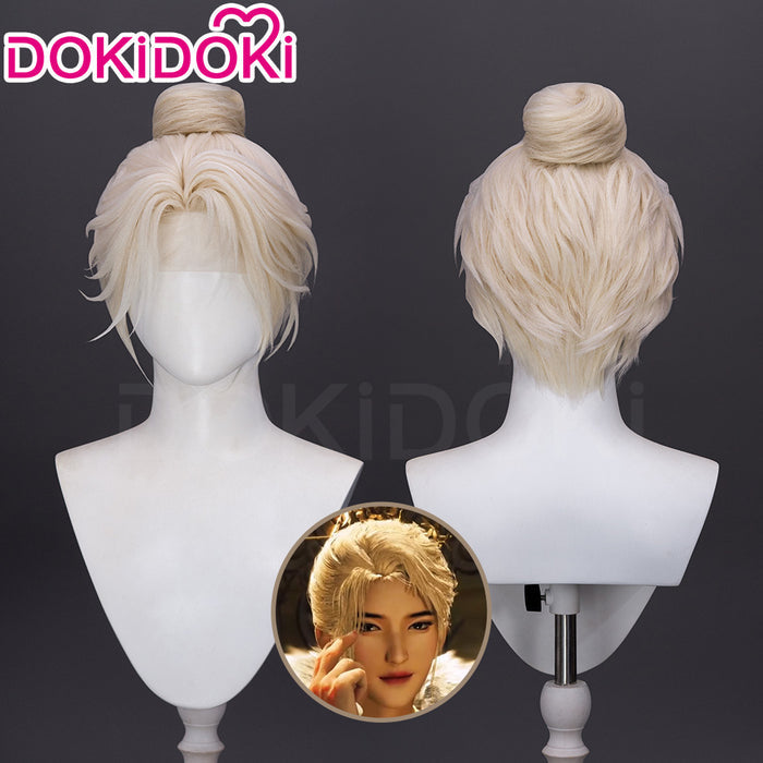 【Ready For Ship】【Small Area Front Lace】DokiDok Game Where Winds Meet Cosplay Wen Wuque Wig Short Blonde Hair Bun Wen Wu Que